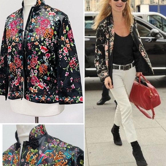 Plum Blossoms 1960s Black Satin Embroidered Jacket Rare Couture Asian Artwear XS - Picture 1 of 14